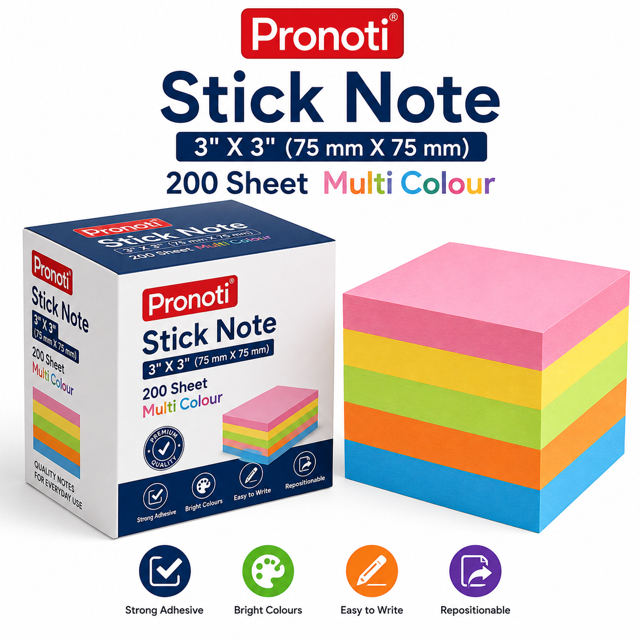 Stick Note 3" X 3" (75 mm X 75 mm) 200 Sheet Multi Colour Pronoti Brand
