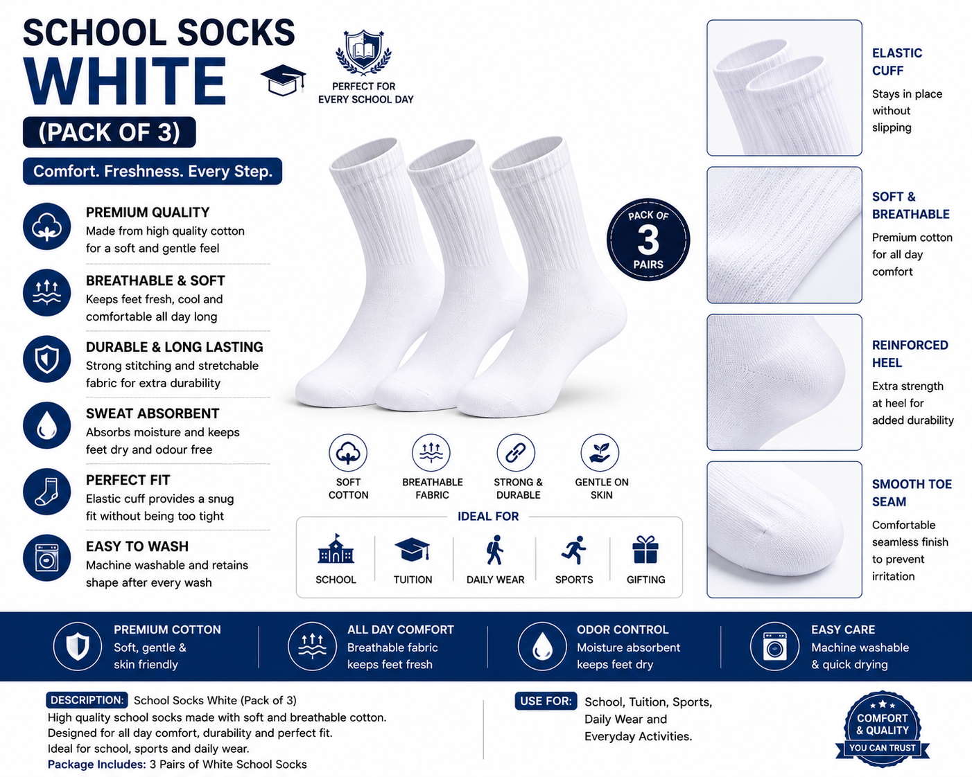 School Socks White (Pack of 3)
