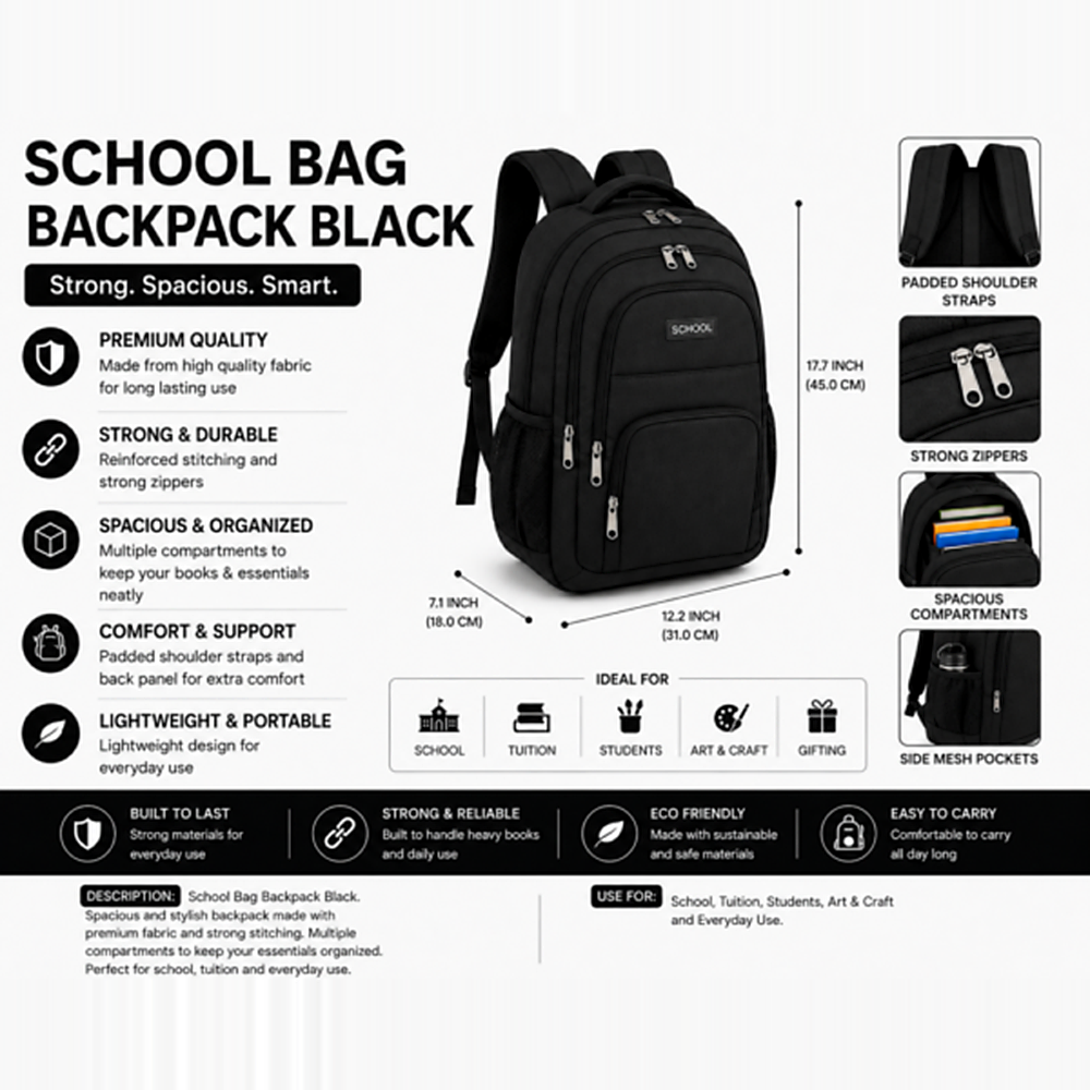 School Bag Backpack Black